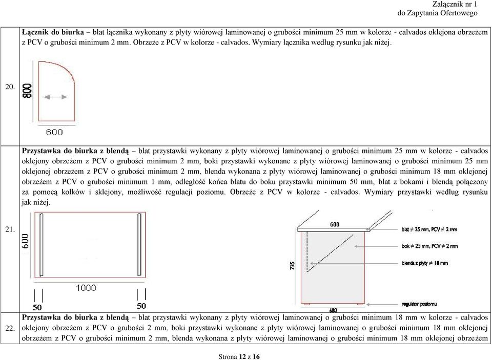 Przystawka do biurka z blendą blat przystawki wykonany z płyty wiórowej laminowanej o grubości minimum 25 mm w kolorze - calvados oklejony obrzeżem z PCV o grubości minimum 2 mm, boki przystawki