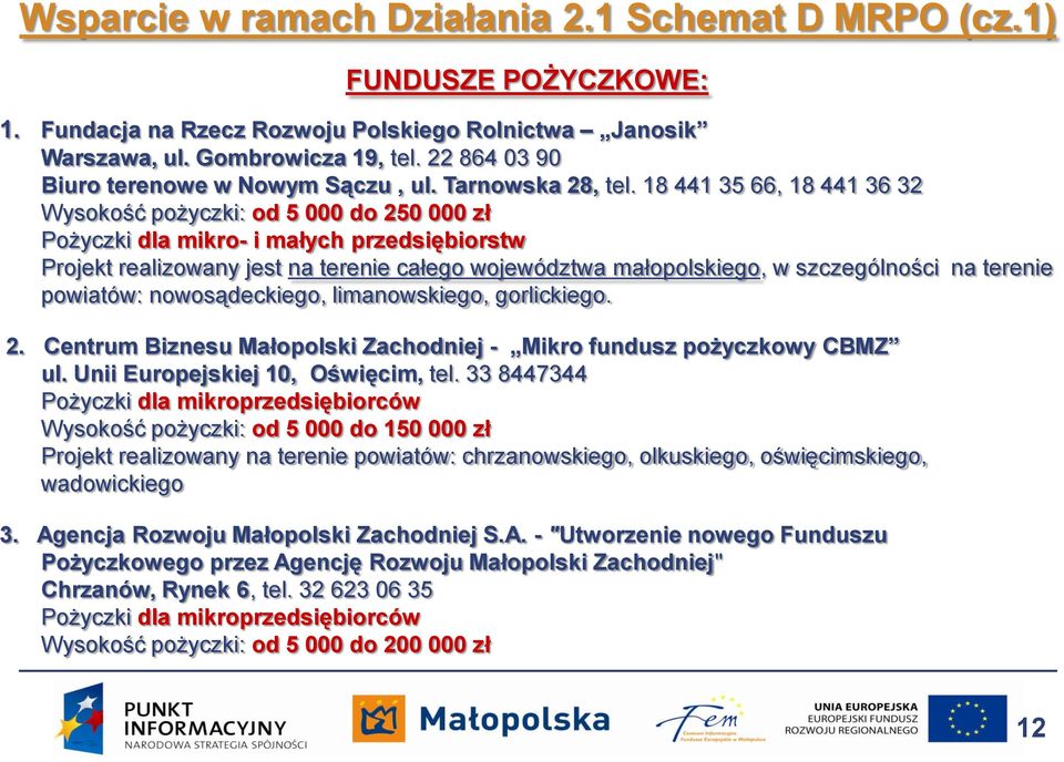 18 441 35 66, 18 441 36 32 Wysokość pożyczki: od 5 000 do 250 000 zł Pożyczki dla mikro- i małych przedsiębiorstw Projekt realizowany jest na terenie całego województwa małopolskiego, w szczególności