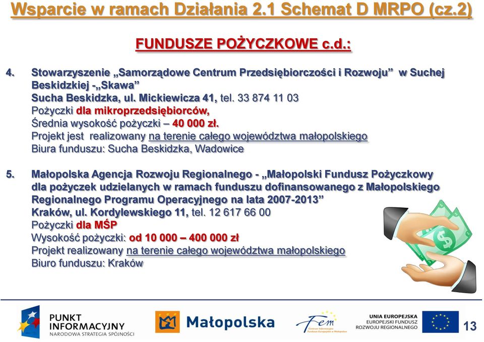 Projekt jest realizowany na terenie całego województwa małopolskiego Biura funduszu: Sucha Beskidzka, Wadowice 5.