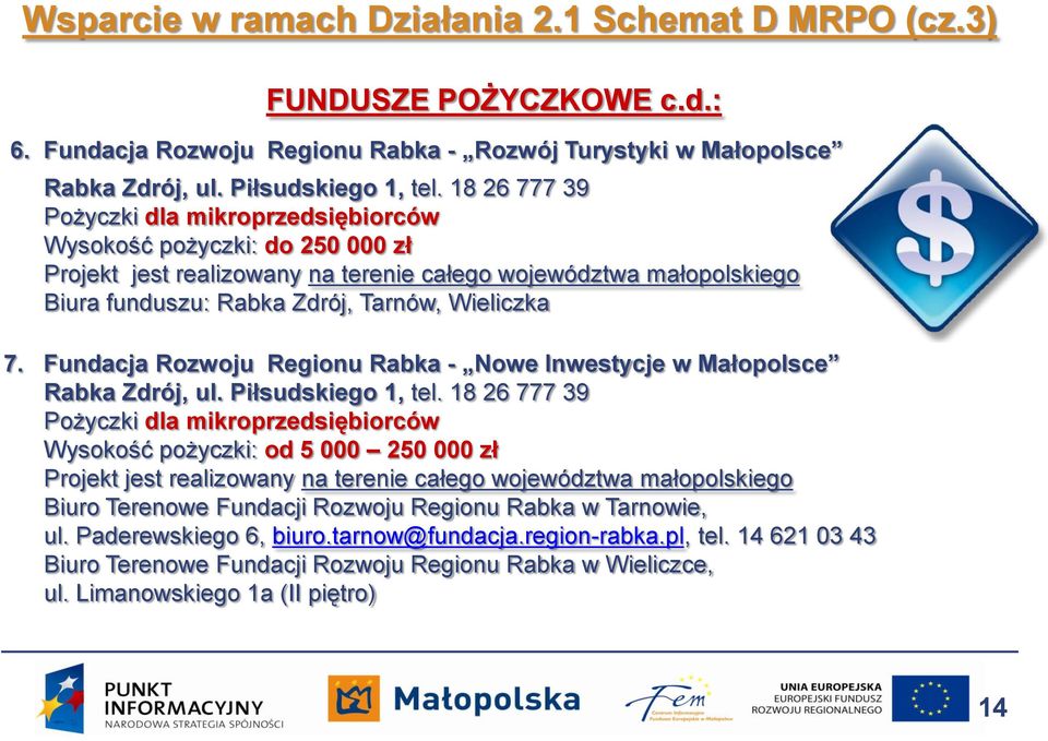 Fundacja Rozwoju Regionu Rabka - Nowe Inwestycje w Małopolsce Rabka Zdrój, ul. Piłsudskiego 1, tel.