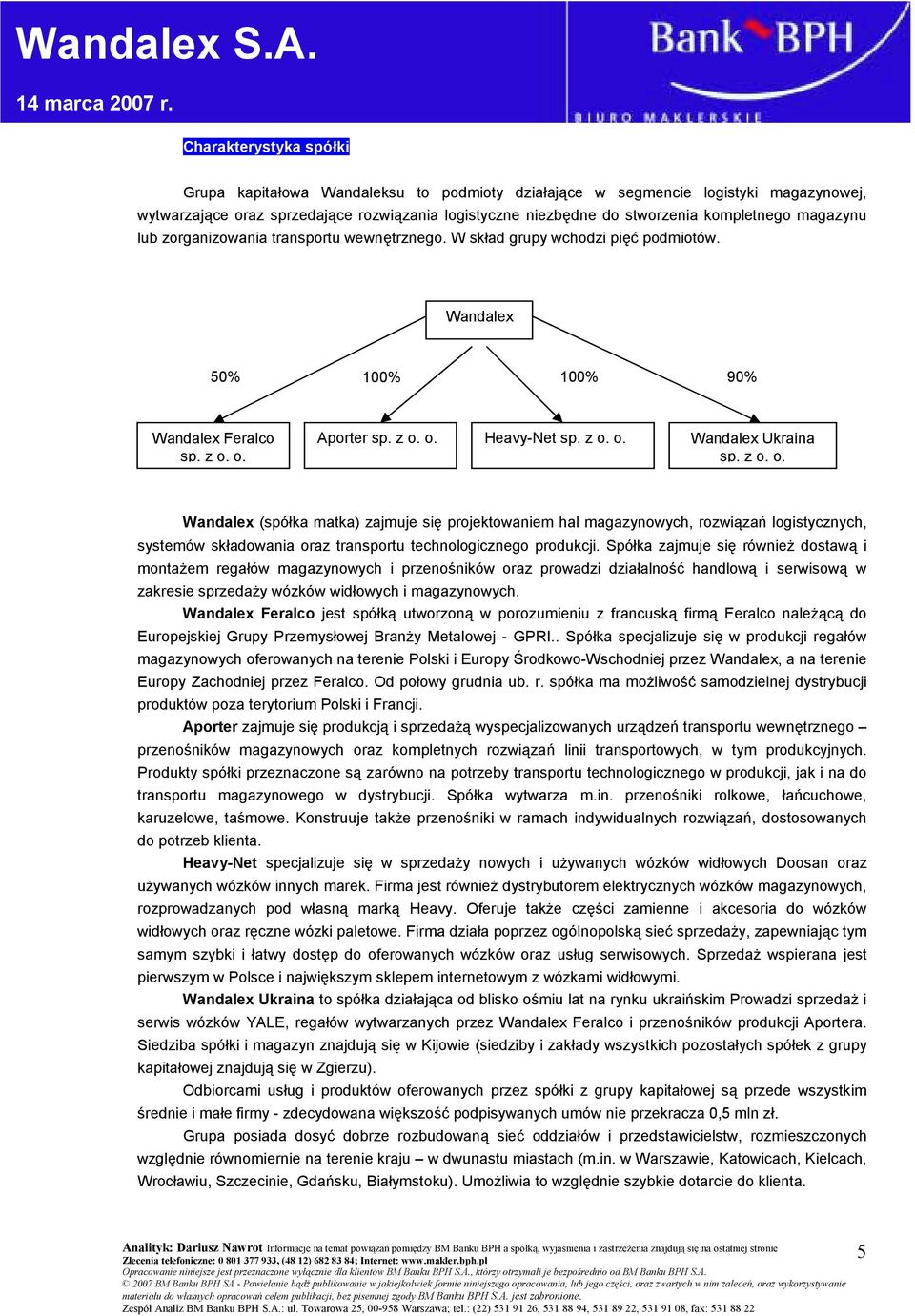 z o. o. Wandalex (spółka matka) zajmuje się projektowaniem hal magazynowych, rozwiązań logistycznych, systemów składowania oraz transportu technologicznego produkcji.