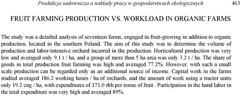 The aim of this study was to determine the volume of production and labor-intensive orchard incurred in the production. Horticultural production was very low and averaged only 9.