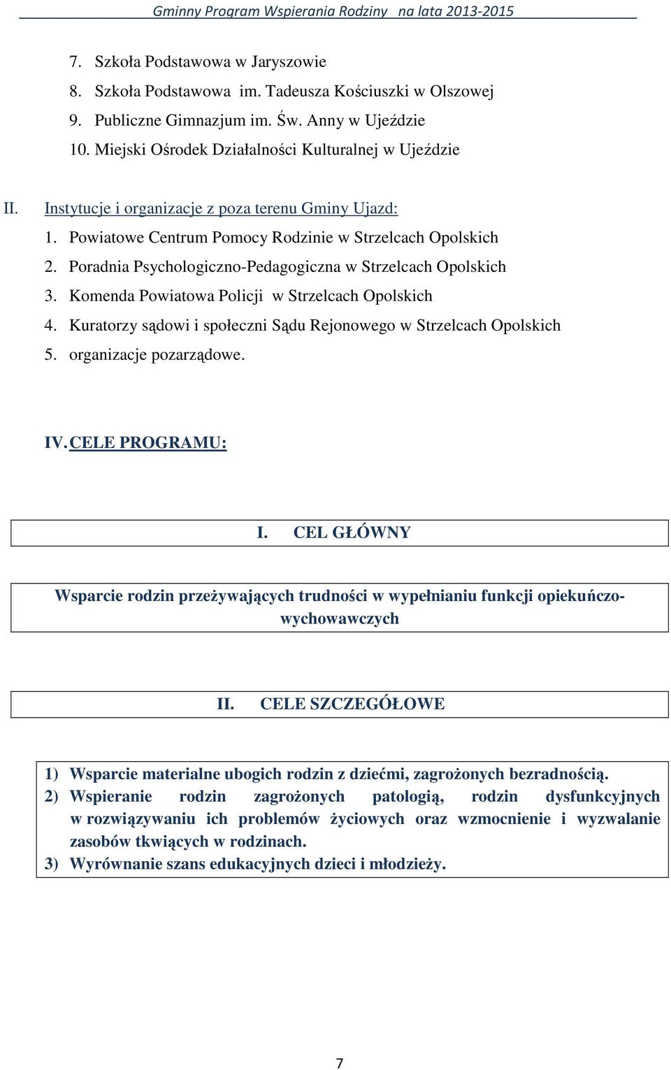 Komenda Powiatowa Policji w Strzelcach Opolskich 4. Kuratorzy sądowi i społeczni Sądu Rejonowego w Strzelcach Opolskich 5. organizacje pozarządowe. IV. CELE PROGRAMU: I.