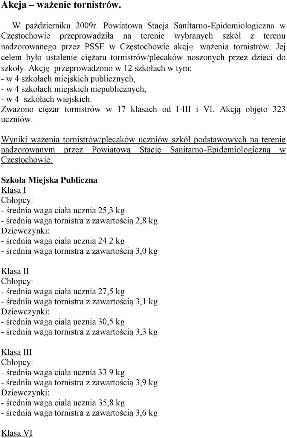 Jej celem było ustalenie ciężaru tornistrów/plecaków noszonych przez dzieci do szkoły.