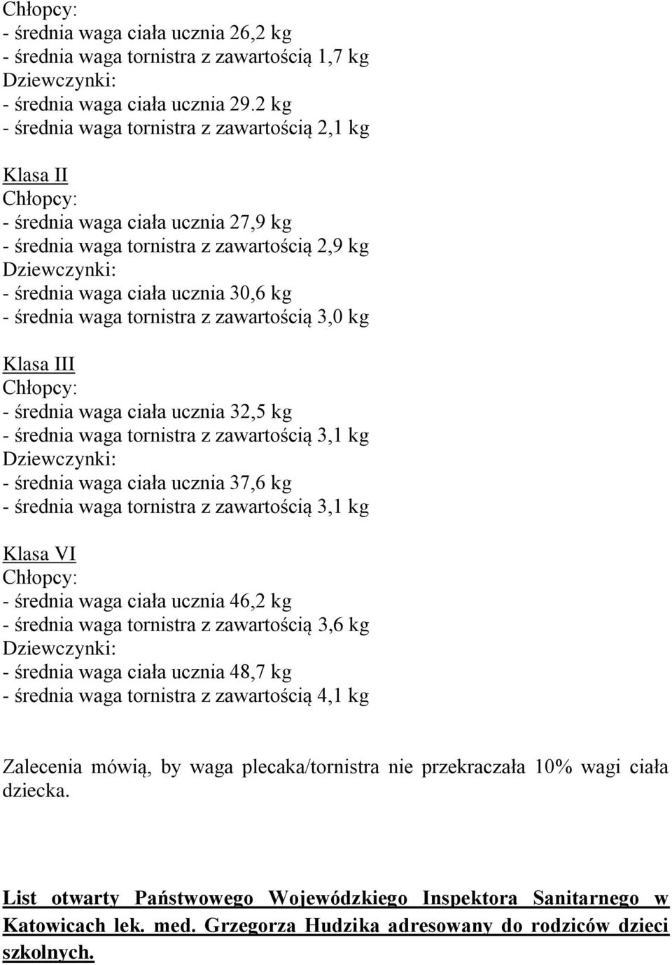 ciała ucznia 32,5 kg - średnia waga ciała ucznia 37,6 kg - średnia waga ciała ucznia 46,2 kg - średnia waga tornistra z zawartością 3,6 kg - średnia waga ciała ucznia 48,7 kg - średnia