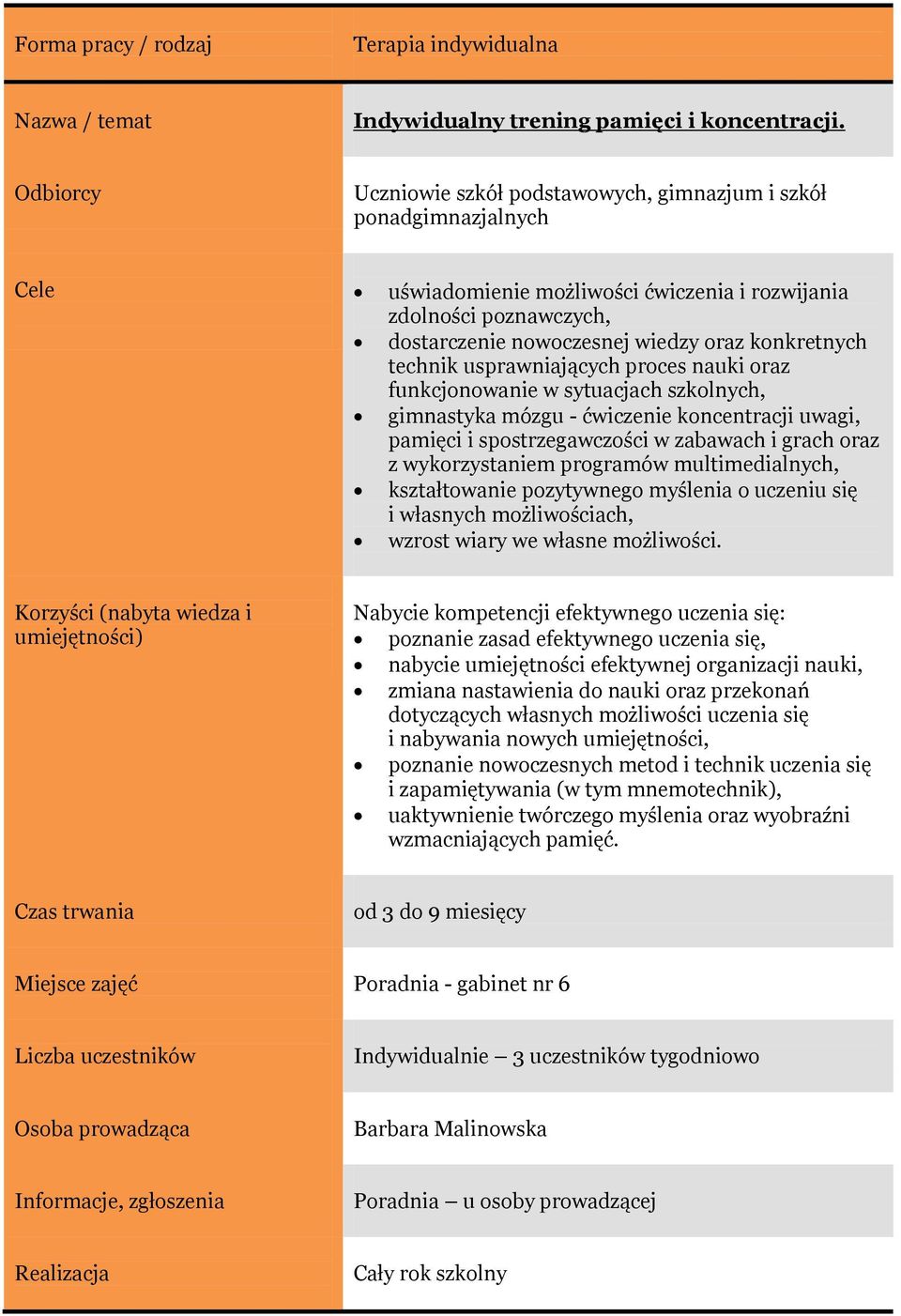 usprawniających proces nauki oraz funkcjonowanie w sytuacjach szkolnych, gimnastyka mózgu - ćwiczenie koncentracji uwagi, pamięci i spostrzegawczości w zabawach i grach oraz z wykorzystaniem