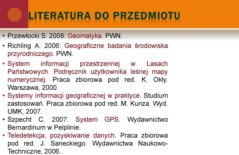 Systemy informacji geograficznej w praktyce. Studium zastosowań. Praca zbiorowa pod red. M. Kunza. Wyd. UMK, 2007. Szpecht C.