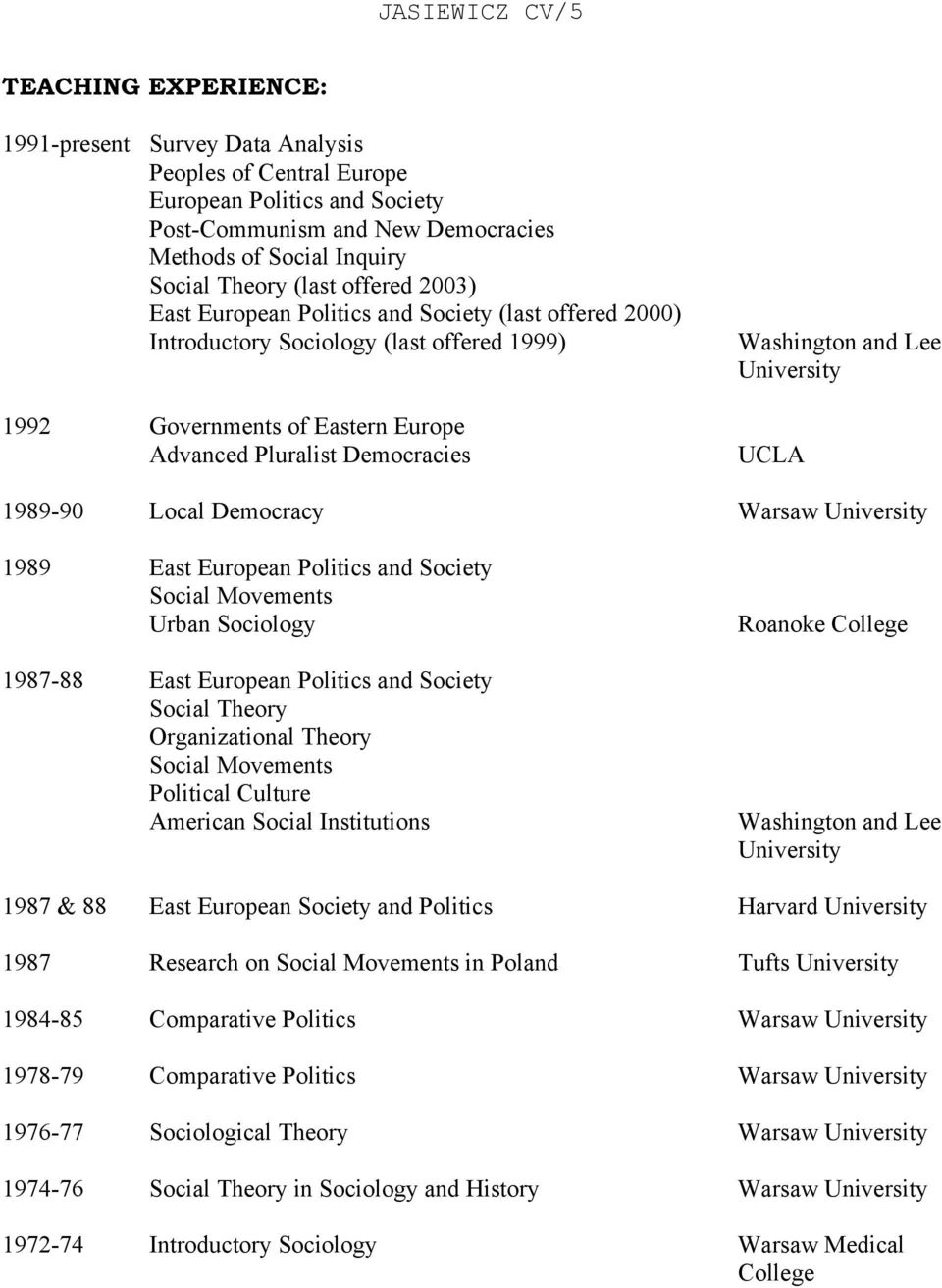 Washington and Lee University UCLA 1989-90 Local Democracy Warsaw University 1989 East European Politics and Society Social Movements Urban Sociology 1987-88 East European Politics and Society Social