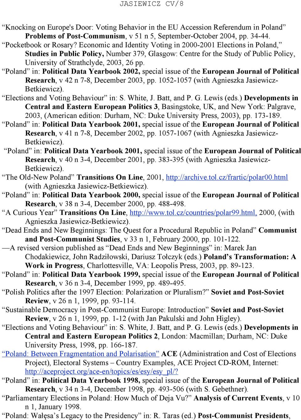 Poland in: Political Data Yearbook 2002, special issue of the European Journal of Political Research, v 42 n 7-8, December 2003, pp. 1052-1057 (with Agnieszka Jasiewicz- Betkiewicz).
