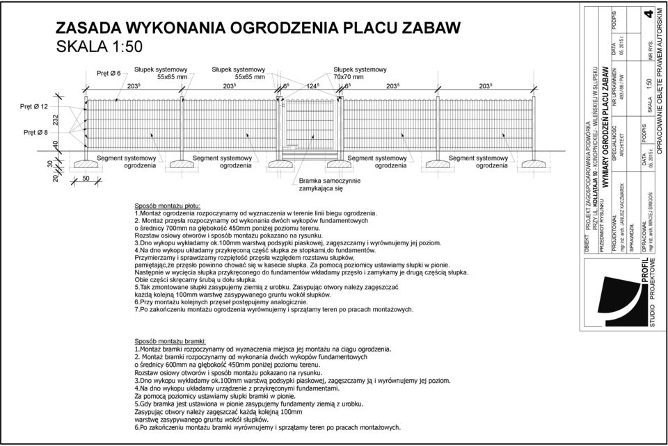 MonaŜ przęsła rozpoczynamy od yonania dóch yopó fundamenoych o średnicy 00mm na łęboość 50mm poniŝej poziomu erenu. Rozsa osioy ooró i sposób monaŝu poazano na rysunu. 3.Dno yopu yładamy o.