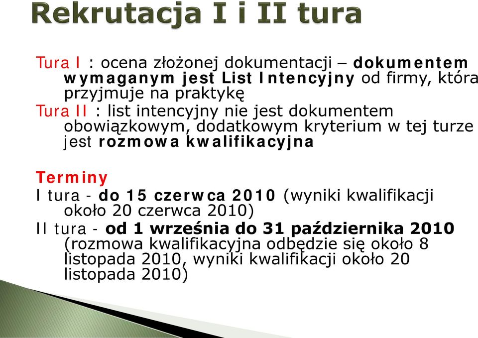 kwalifikacyjna Terminy I tura - do 15 czerwca 2010 (wyniki kwalifikacji około 20 czerwca 2010) II tura - od 1