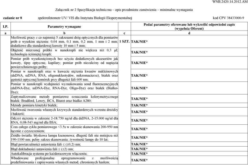 dodatkowo dla standardowej kuwety 10 mm i 5 mm; Objętość mierzonej próbki w nanokropli nie większa niż 0,3 µl; technologia ściśniętej kropli; Pomiar prób wysokostężonych bez użycia dodatkowych