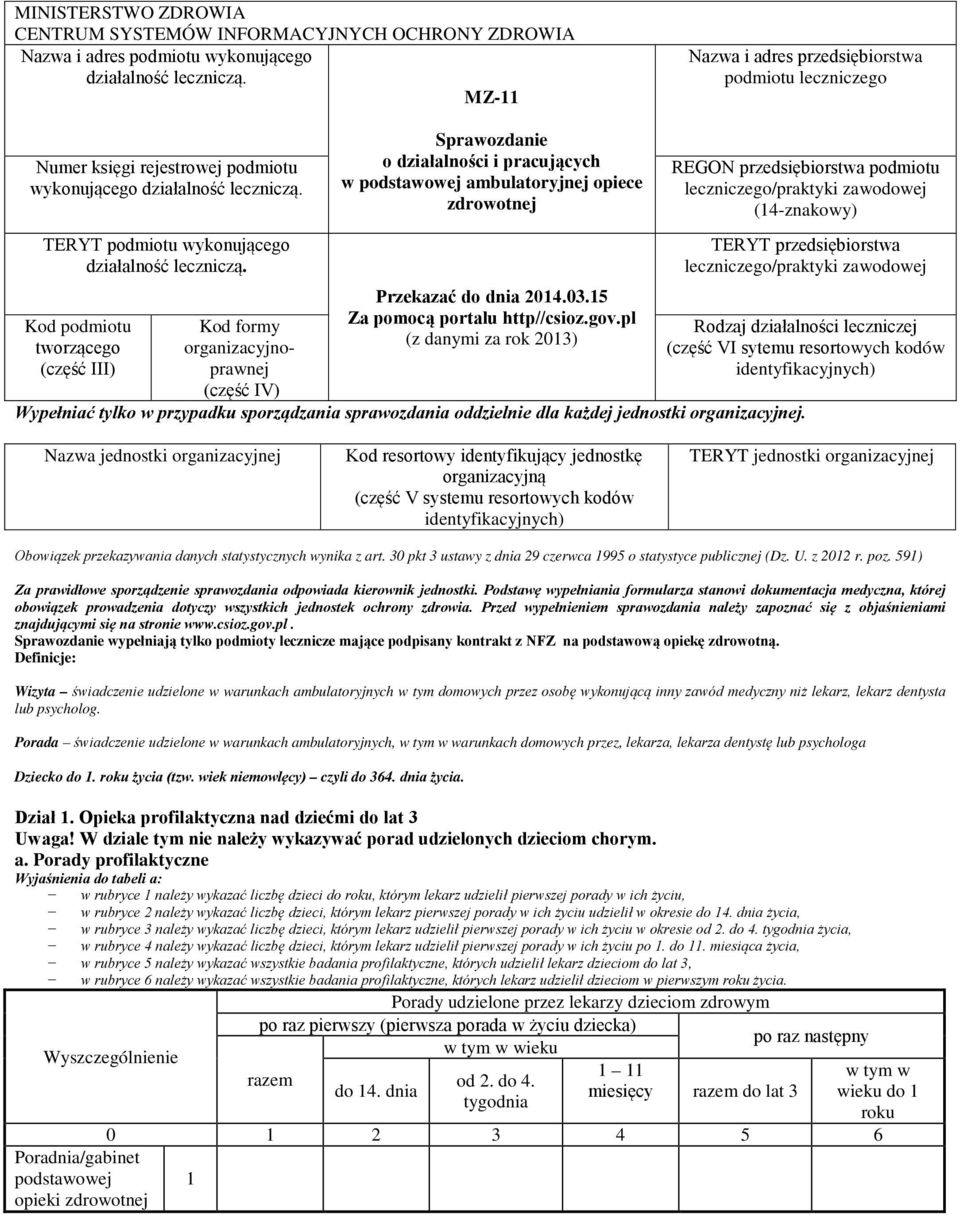 Kod podmiotu tworzącego (część III) Kod formy organizacyjnoprawnej (część IV) Sprawozdanie o działalności i pracujących w podstawowej ambulatoryjnej opiece zdrowotnej Przekazać do dnia 204.03.