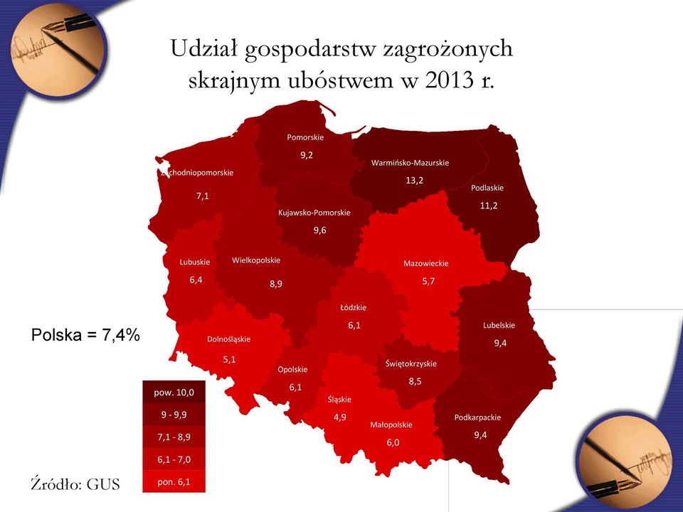 11,2 Lubuskie 6,4 Wielkopolskie 8,9 Mazowieckie 5,7 Łódzkie Polska = 7,4% Dolnośląskie 6,1