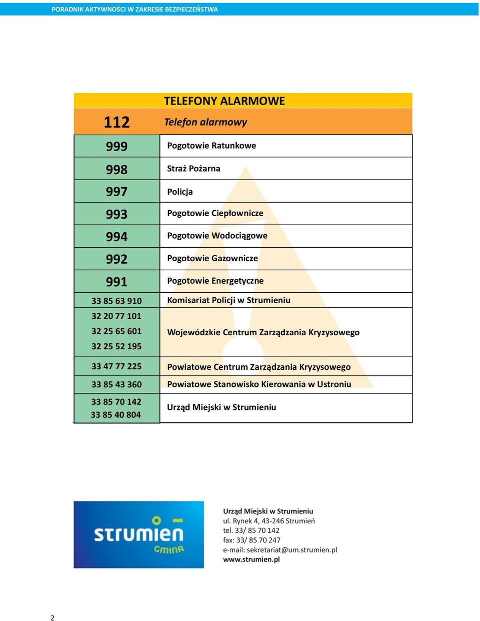 33 47 77 225 33 85 43 360 33 85 70 142 33 85 40 804 Komisariat Policji w Strumieniu Wojewódzkie Centrum Zarządzania Kryzysowego Powiatowe Centrum Zarządzania Kryzysowego