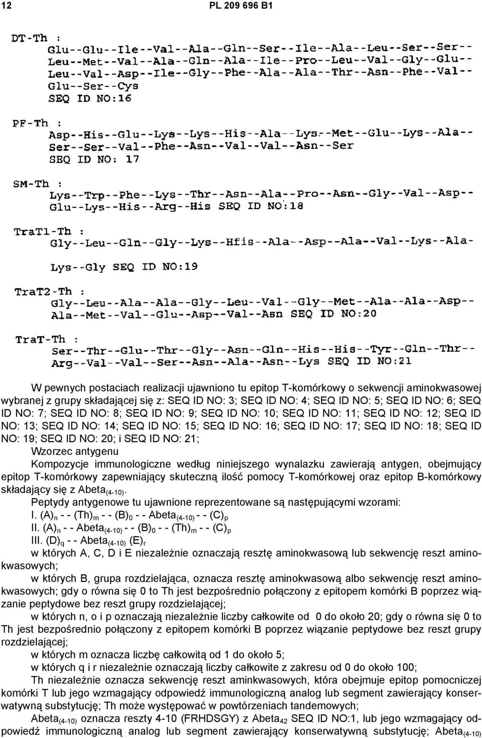 NO: 20; i SEQ ID NO: 21; Wzorzec antygenu Kompozycje immunologiczne według niniejszego wynalazku zawierają antygen, obejmujący epitop T-komórkowy zapewniający skuteczną ilość pomocy T-komórkowej oraz