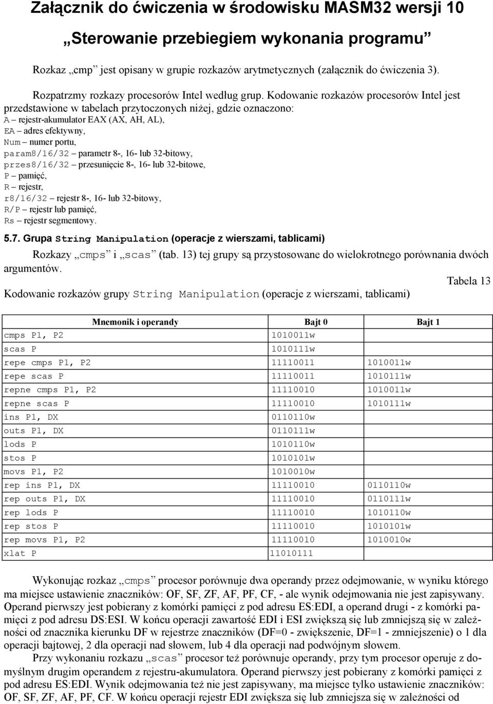 Kodowanie rozkazów procesorów Intel jest przedstawione w tabelach przytoczonych niżej, gdzie oznaczono: A rejestr-akumulator EAX (AX, AH, AL), EA adres efektywny, Num numer portu, param8/16/32
