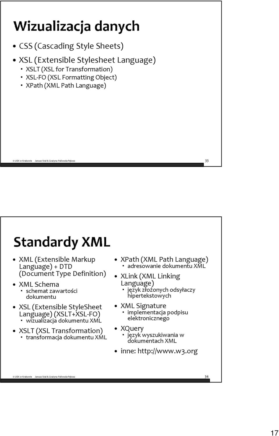 wizualizacja dokumentu XML XSLT (XSL Transformation) transformacja dokumentu XML XPath (XML Path Language) adresowanie dokumentu XML XLink (XML Linking