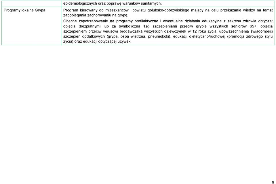 Obecne zapotrzebowanie na programy profilaktyczne i ewentualne działania edukacyjne z zakresu zdrowia dotyczą: objęcia (bezpłatnymi lub za symboliczną 1zł) szczepieniami