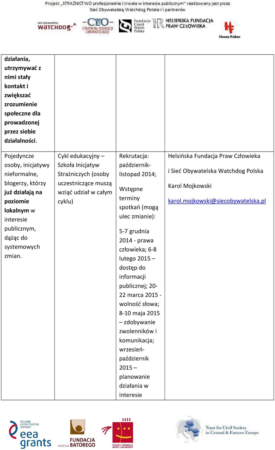 Cykl edukacyjny Szkoła Inicjatyw Strażniczych (osoby uczestniczące muszą październiklistopad 2014; Wstępne terminy spotkań (mogą ulec zmianie): 5-7 grudnia 2014 - prawa