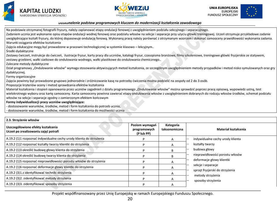 Uczeń otrzymuje przykładowe zadanie uwzględniające kształt fryzury, do której dopasowuje ondulację fenową.