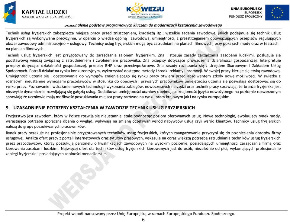 regulujących obszar zawodowy administracyjno usługowy. Technicy usług fryzjerskich mogą być zatrudniani na planach filmowych, przy pokazach mody oraz w teatrach i na planach filmowych.