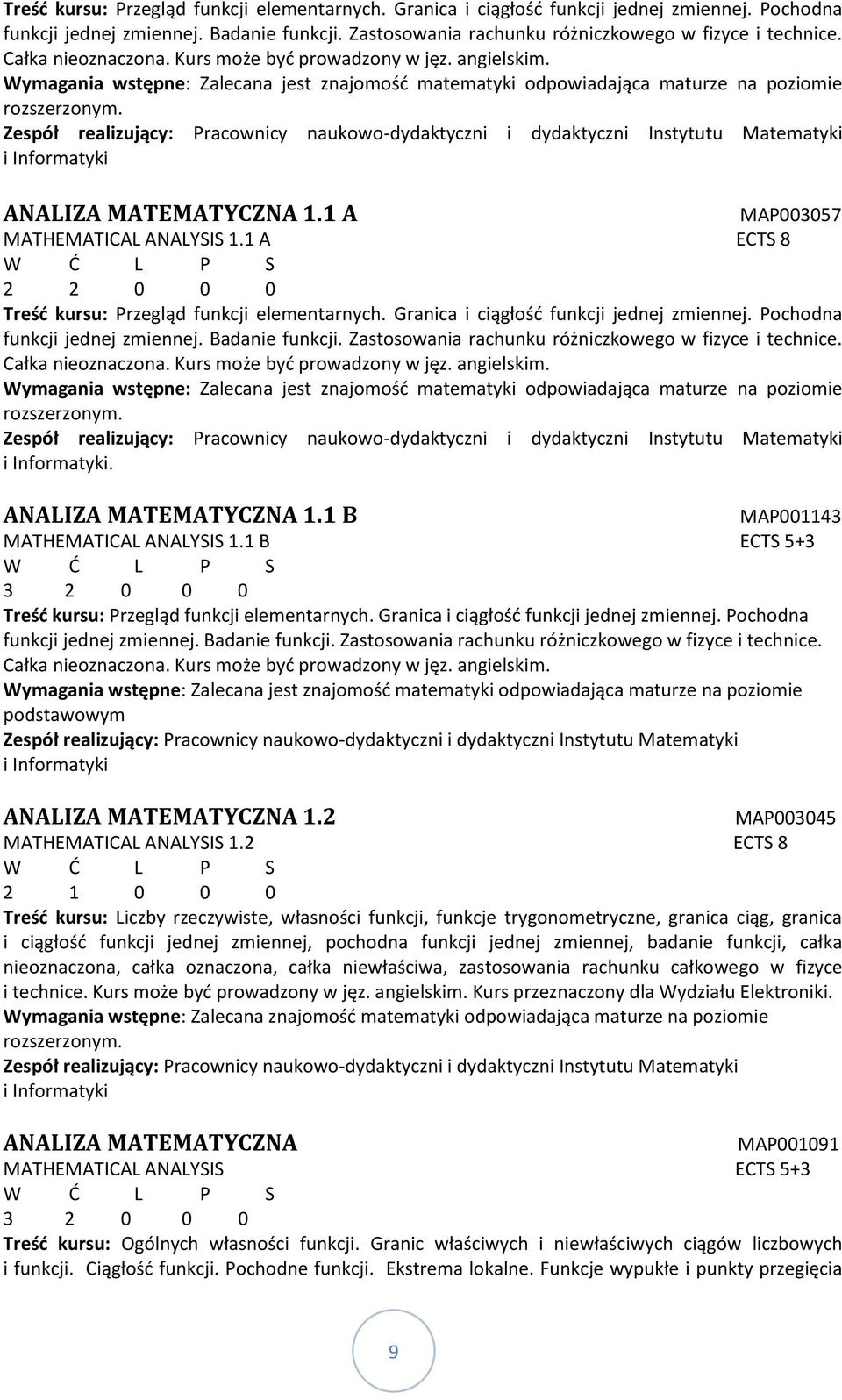 Zespół realizujący: Pracownicy naukowo-dydaktyczni i dydaktyczni Instytutu Matematyki i Informatyki ANALIZA MATEMATYCZNA 1.1 A MAP003057 MATHEMATICAL ANALYSIS 1.