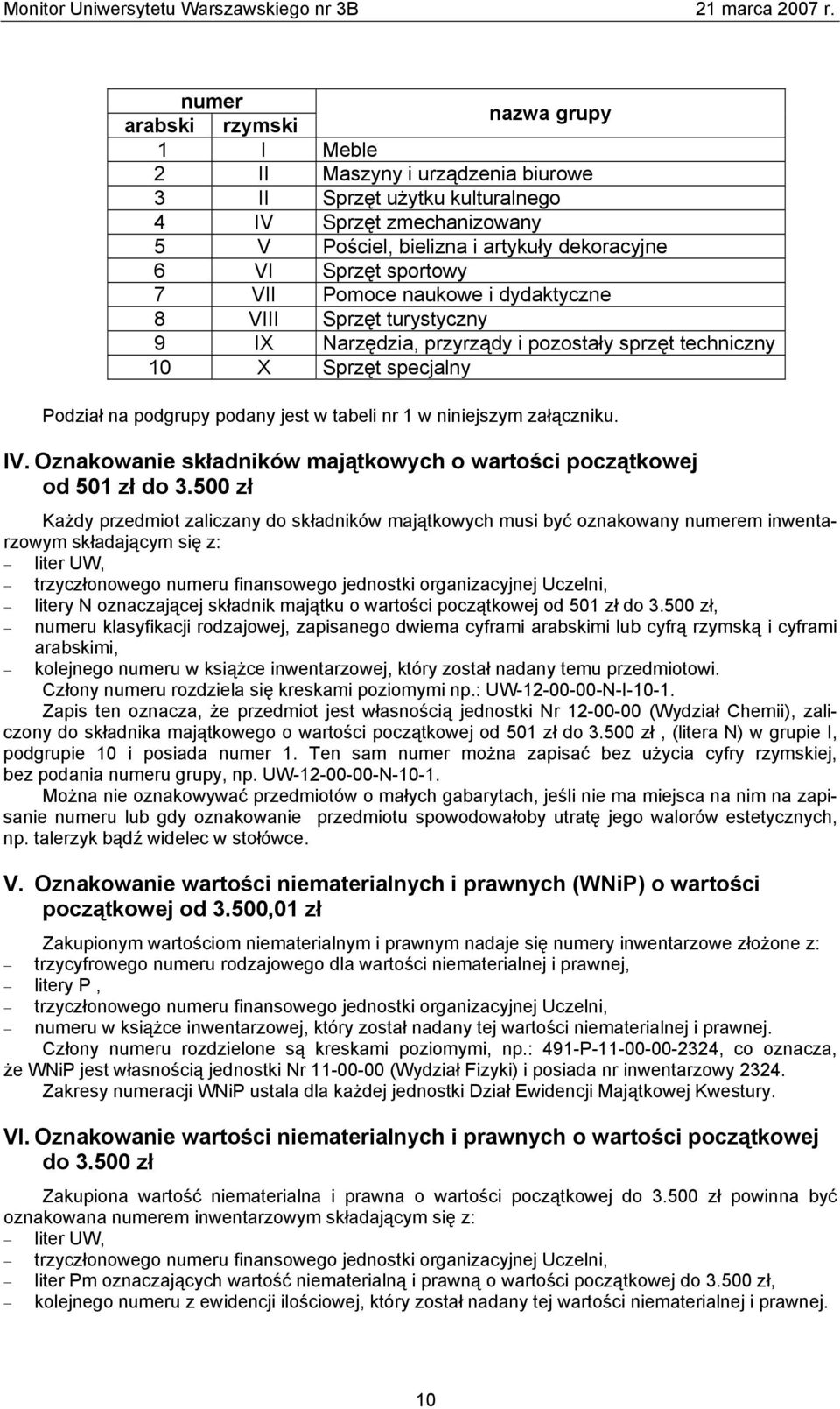niniejszym załączniku. IV. Oznakowanie składników majątkowych o wartości początkowej od 501 zł do 3.