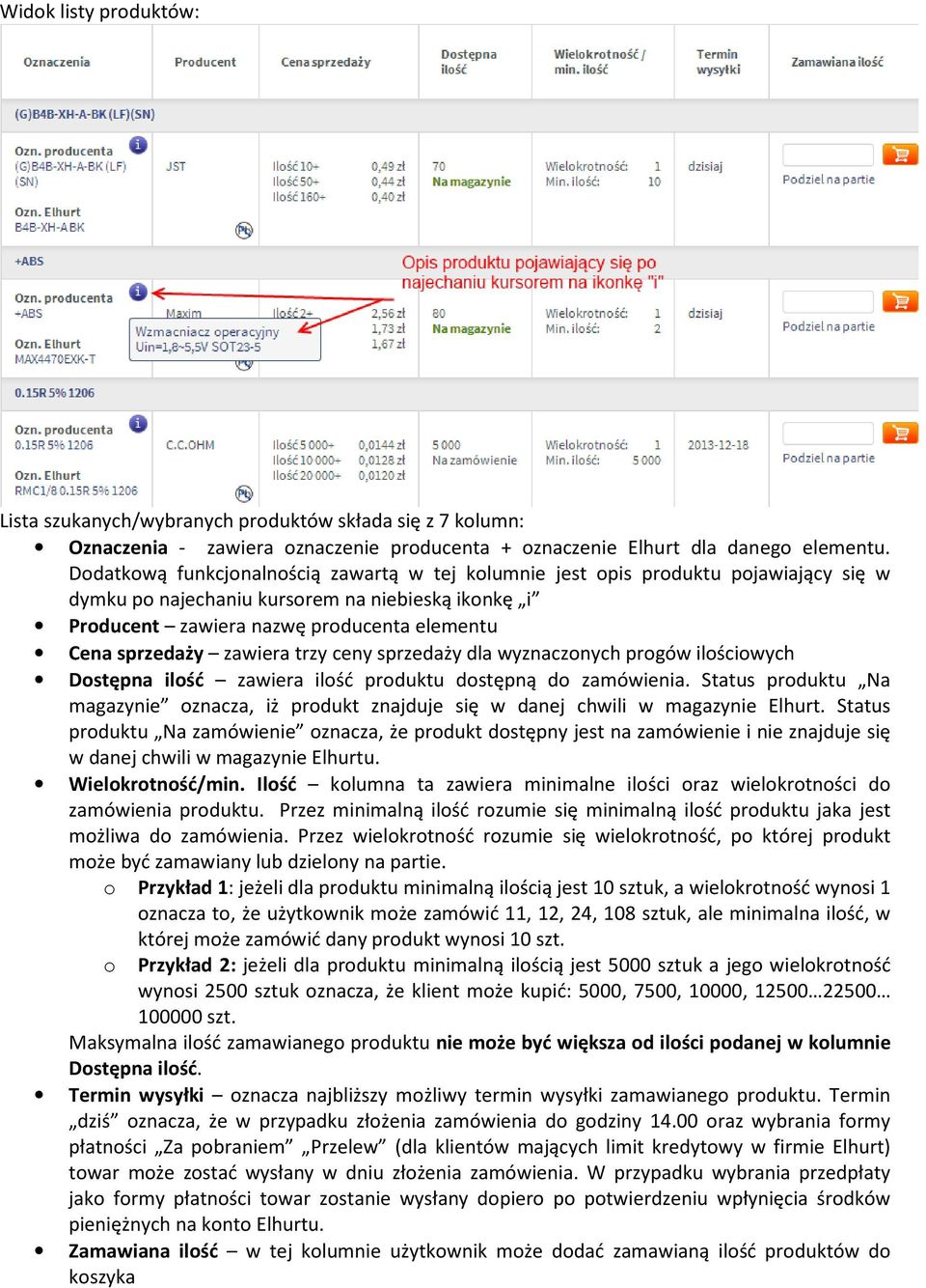 zawiera trzy ceny sprzedaży dla wyznaczonych progów ilościowych Dostępna ilość zawiera ilość produktu dostępną do zamówienia.