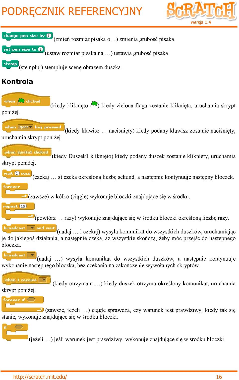 (kiedy Duszek1 kliknięto) kiedy podany duszek zostanie kliknięty, uruchamia (czekaj s) czeka określoną liczbę sekund, a następnie kontynuuje następny bloczek.