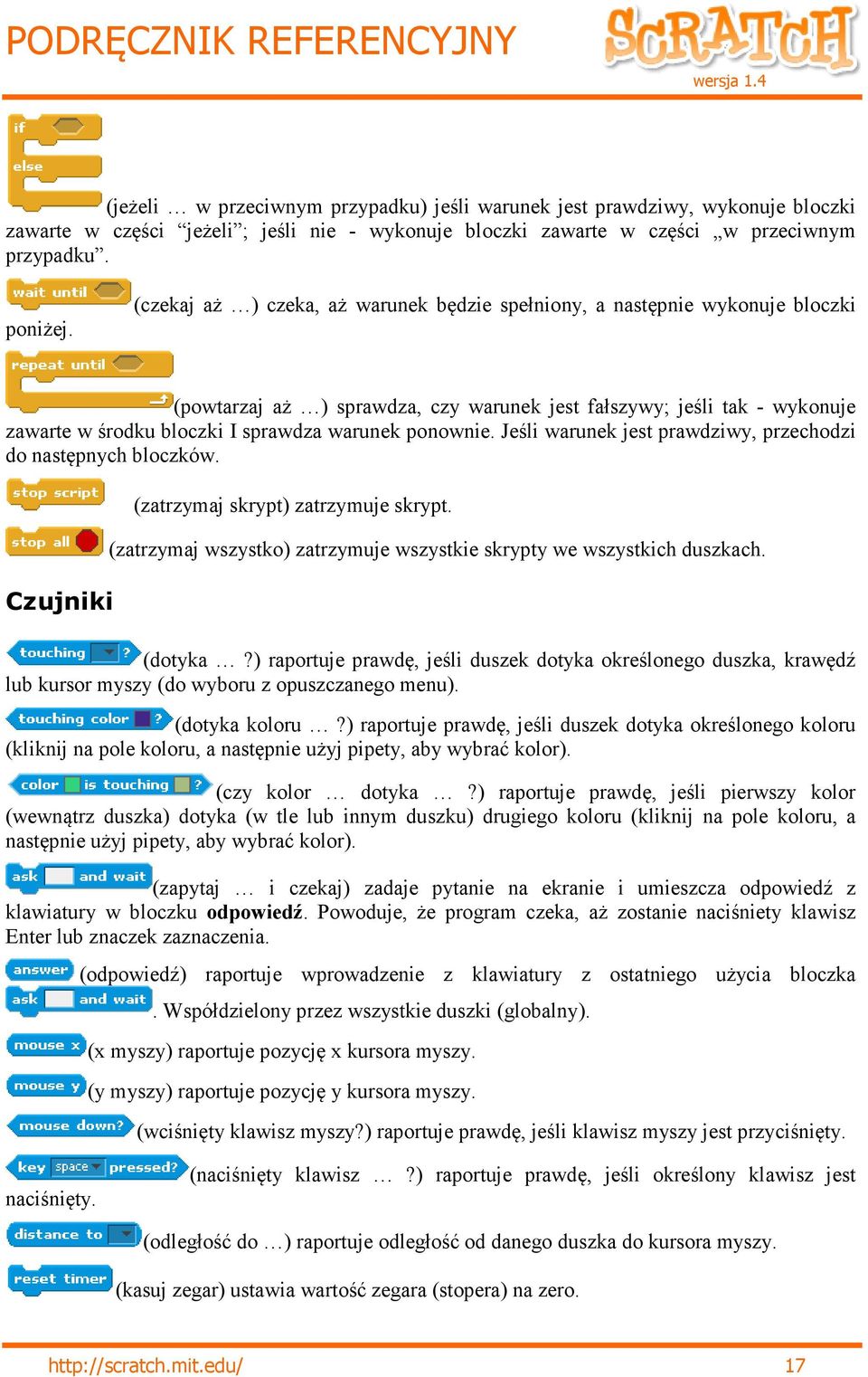 ponownie. Jeśli warunek jest prawdziwy, przechodzi do następnych bloczków. Czujniki (zatrzymaj skrypt) zatrzymuje skrypt. (zatrzymaj wszystko) zatrzymuje wszystkie skrypty we wszystkich duszkach.