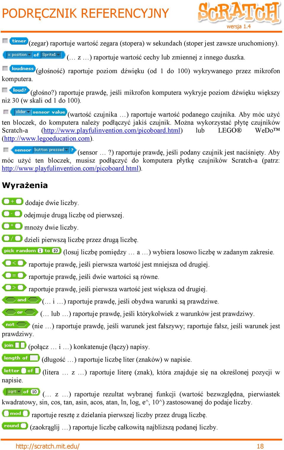 (wartość czujnika ) raportuje wartość podanego czujnika. Aby móc użyć ten bloczek, do komputera należy podłączyć jakiś czujnik. Można wykorzystać płytę czujników Scratch-a (http://www.