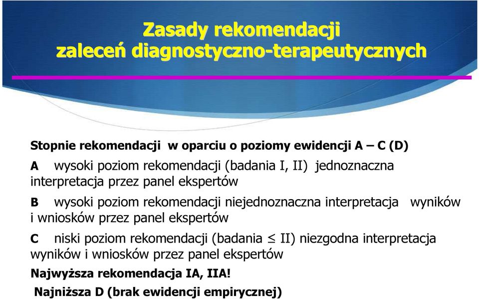 rekomendacji niejednoznaczna interpretacja wyników i wniosków przez panel ekspertów C niski poziom rekomendacji (badania II)