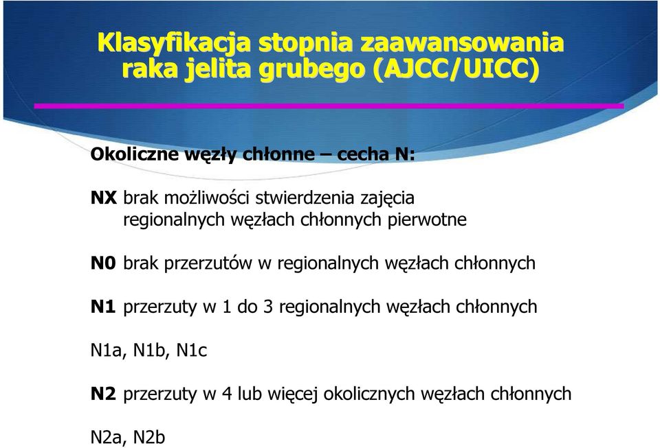 N0 brak przerzutów w regionalnych węzłach chłonnych N1 przerzuty w 1 do 3 regionalnych