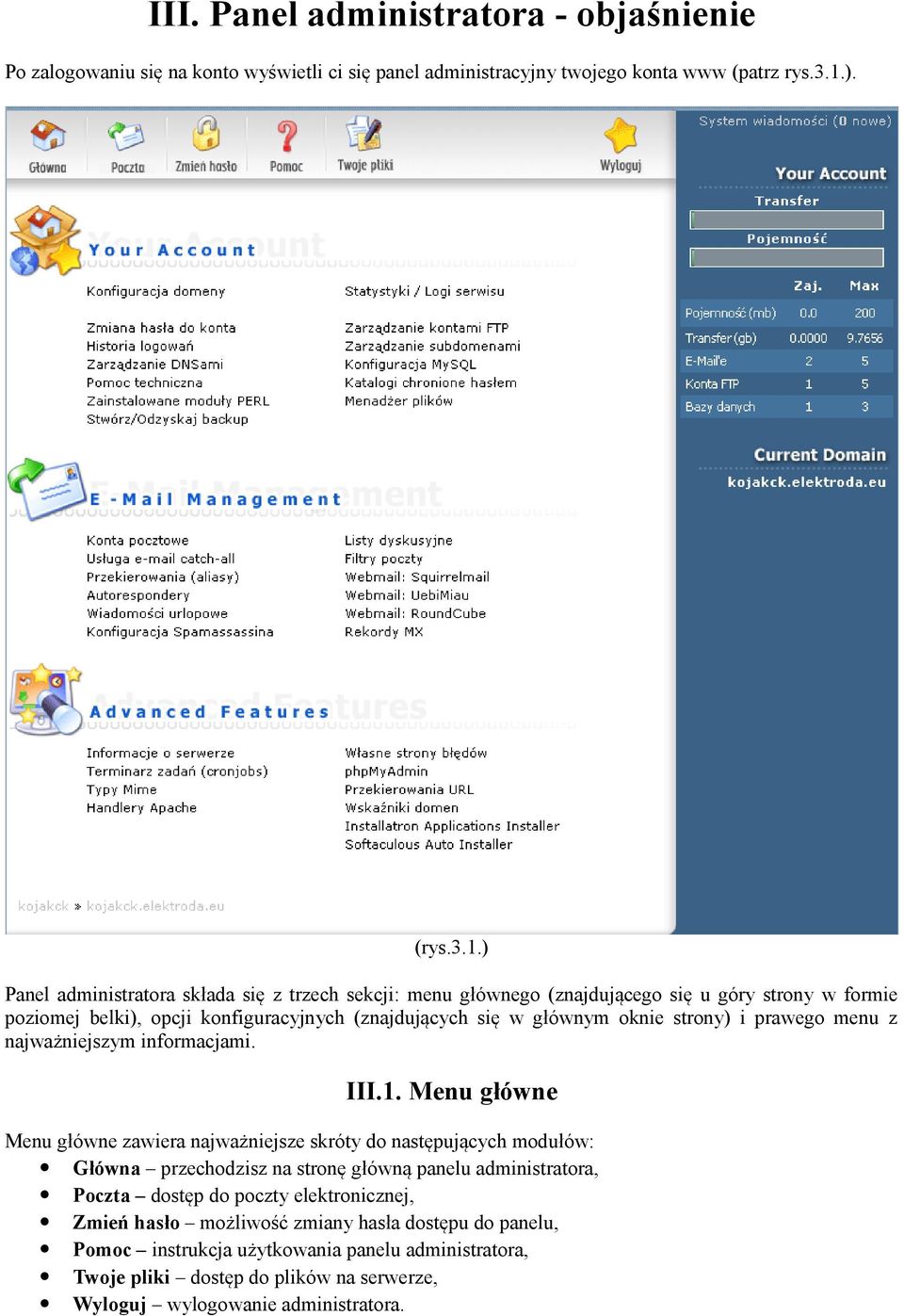 ) Panel administratora składa się z trzech sekcji: menu głównego (znajdującego się u góry strony w formie poziomej belki), opcji konfiguracyjnych (znajdujących się w głównym oknie strony)