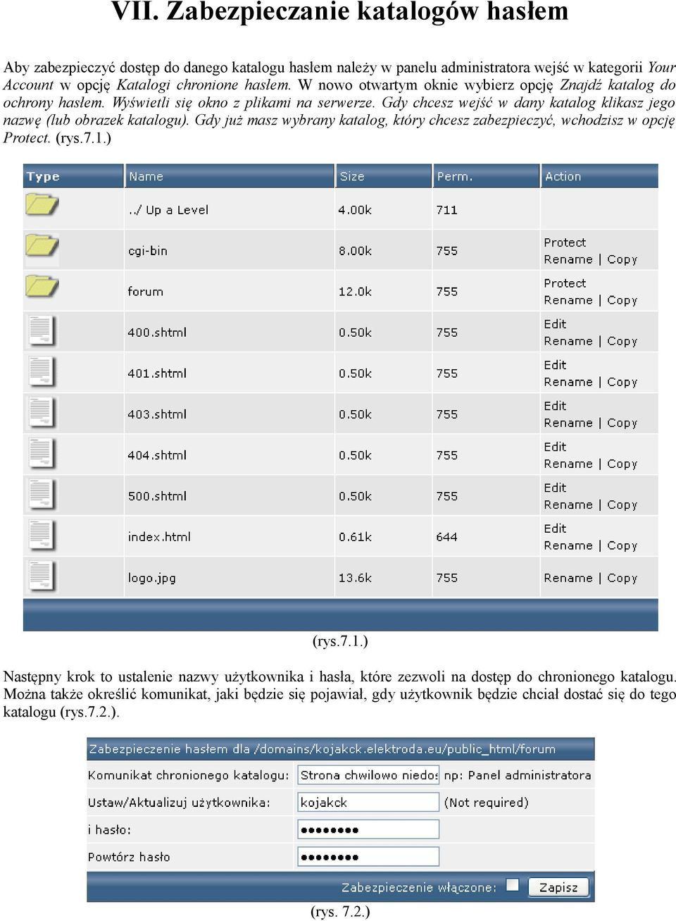 Gdy chcesz wejść w dany katalog klikasz jego nazwę (lub obrazek katalogu). Gdy już masz wybrany katalog, który chcesz zabezpieczyć, wchodzisz w opcję Protect. (rys.7.1.