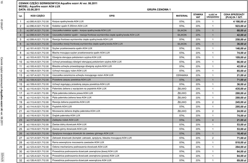 098.ai.021.712.00 Uszczelka kolektor spalin - rewizja frontowa wymiennika ciepła spaliny/woda AI34 LUX SILIKON 23% 1 42,00 zł 5 su.099.ai.021.712.00 Rewizja frontowa wymiennika ciepła spaliny/woda AI34 LUX STAL 23% 1 258,00 zł 6 su.