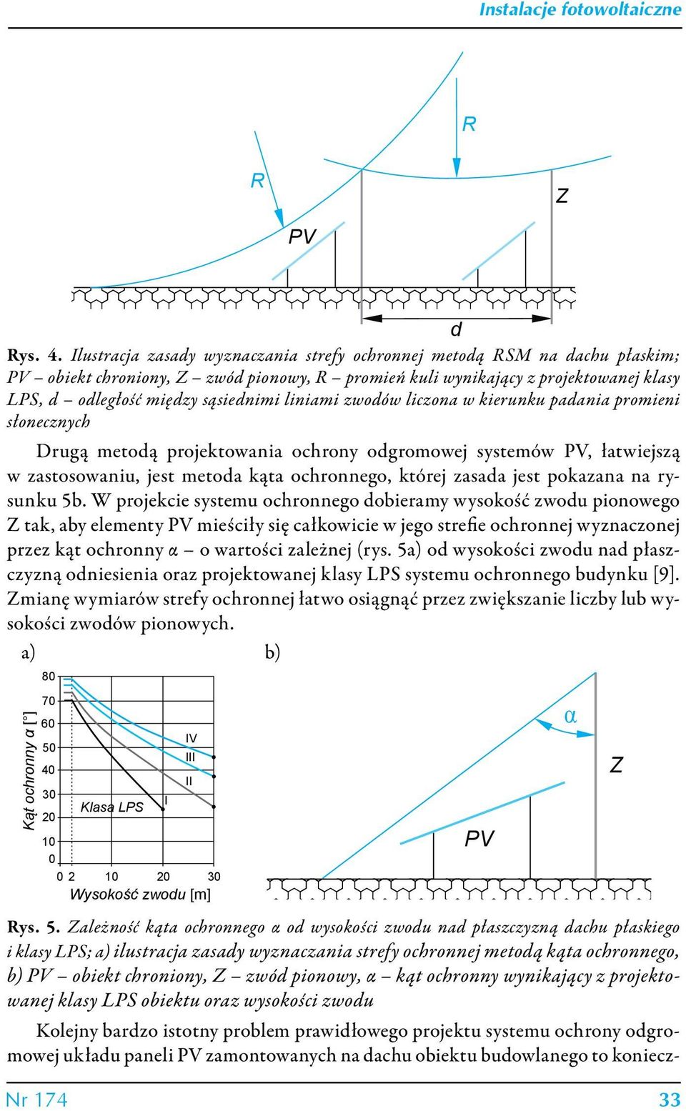 liniami zwodów liczona w kierunku padania promieni słonecznych Drugą metodą projektowania ochrony odgromowej systemów PV, łatwiejszą w zastosowaniu, jest metoda kąta ochronnego, której zasada jest