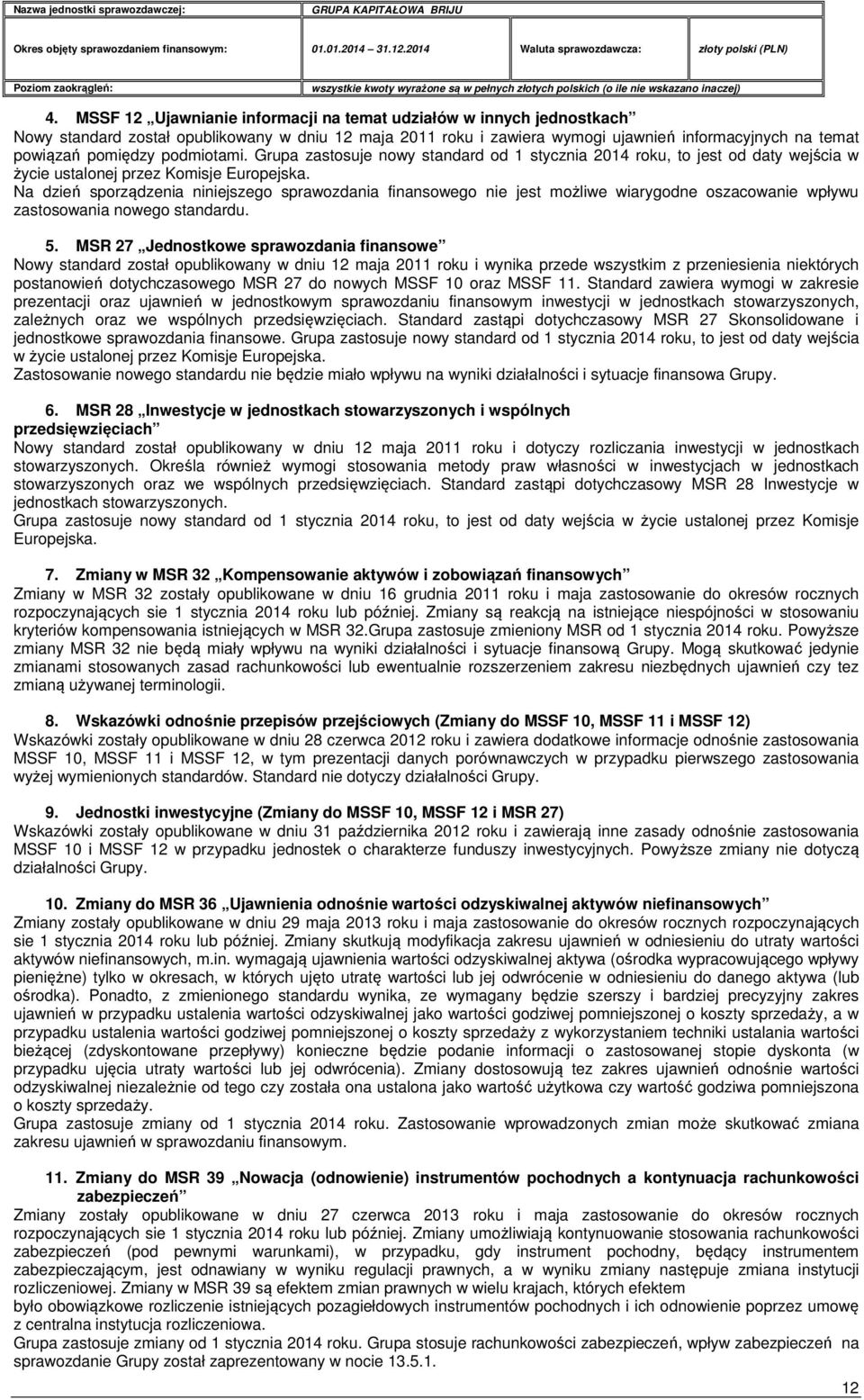 Na dzień sporządzenia niniejszego sprawozdania finansowego nie jest możliwe wiarygodne oszacowanie wpływu zastosowania nowego standardu. 5.
