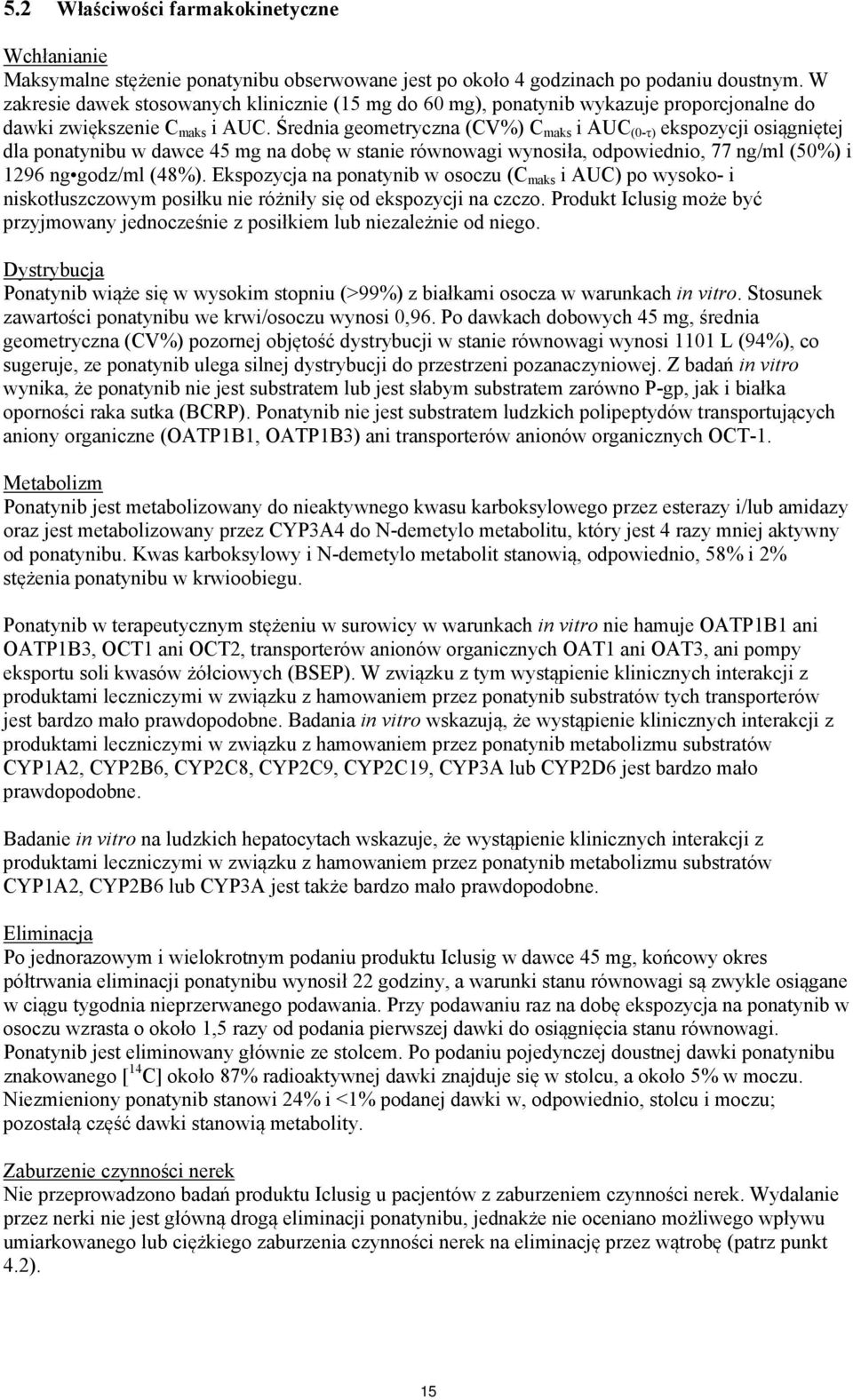 Średnia geometryczna (CV%) C maks i AUC (0-τ) ekspozycji osiągniętej dla ponatynibu w dawce 45 mg na dobę w stanie równowagi wynosiła, odpowiednio, 77 ng/ml (50%) i 1296 ng godz/ml (48%).