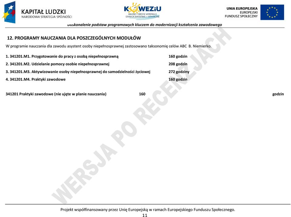 Udzielanie pomocy osobie niepełnosprawnej 208 godzin 3. 341201.M3. Aktywizowanie osoby niepełnosprawnej do samodzielności życiowej 272 godziny 4.