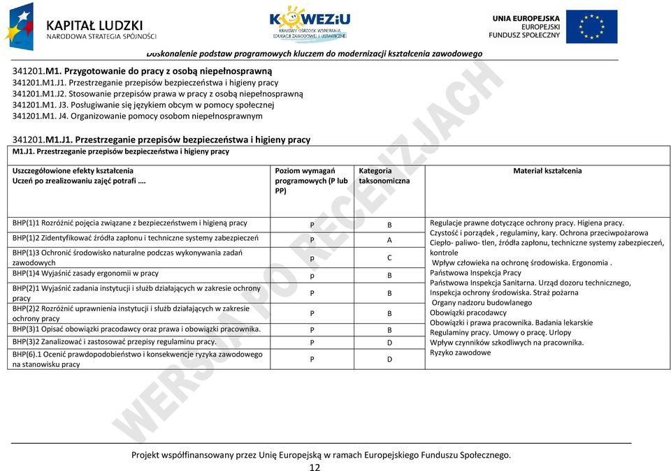 rzestrzeganie przepisów bezpieczeństwa i higieny pracy M1.J1. rzestrzeganie przepisów bezpieczeństwa i higieny pracy Uszczegółowione efekty kształcenia Uczeń po zrealizowaniu zajęć potrafi.
