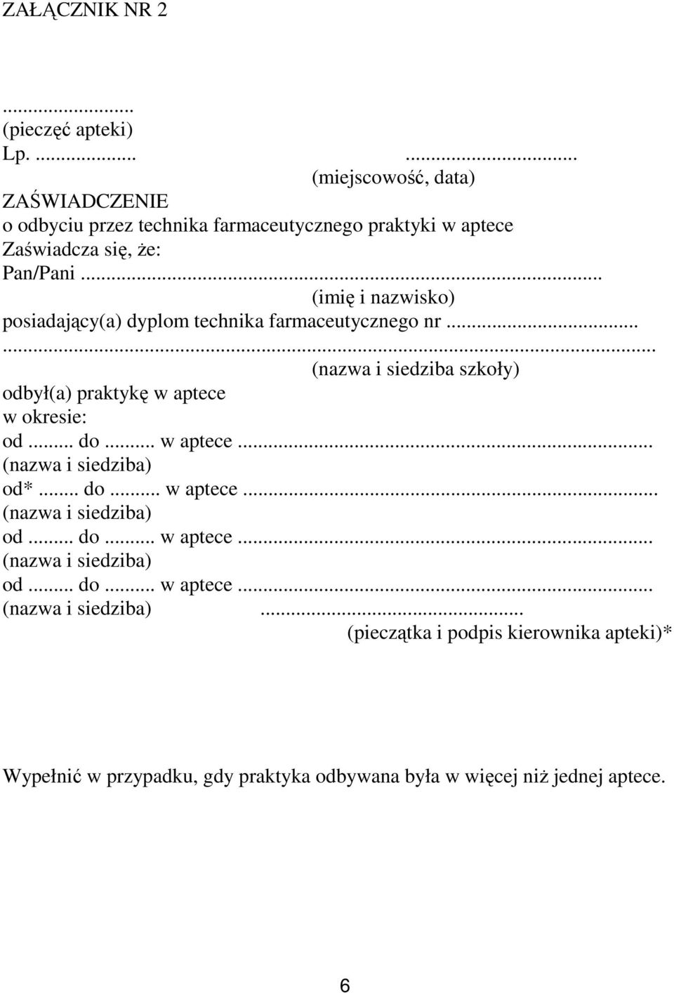 .. (imię i nazwisko) posiadający(a) dyplom technika farmaceutycznego nr...... (nazwa i siedziba szkoły) odbył(a) praktykę w aptece w okresie: od... do.