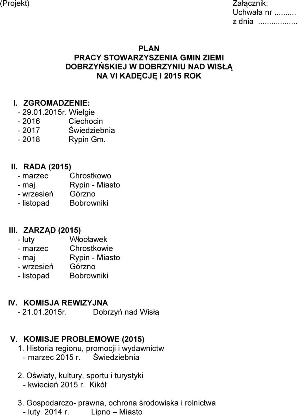 ZARZĄD (2015) - luty Włocławek - marzec Chrostkowie - maj Rypin - Miasto - wrzesień Górzno - listopad Bobrowniki IV. KOMISJA REWIZYJNA - 21.01.2015r. Dobrzyń nad Wisłą V.