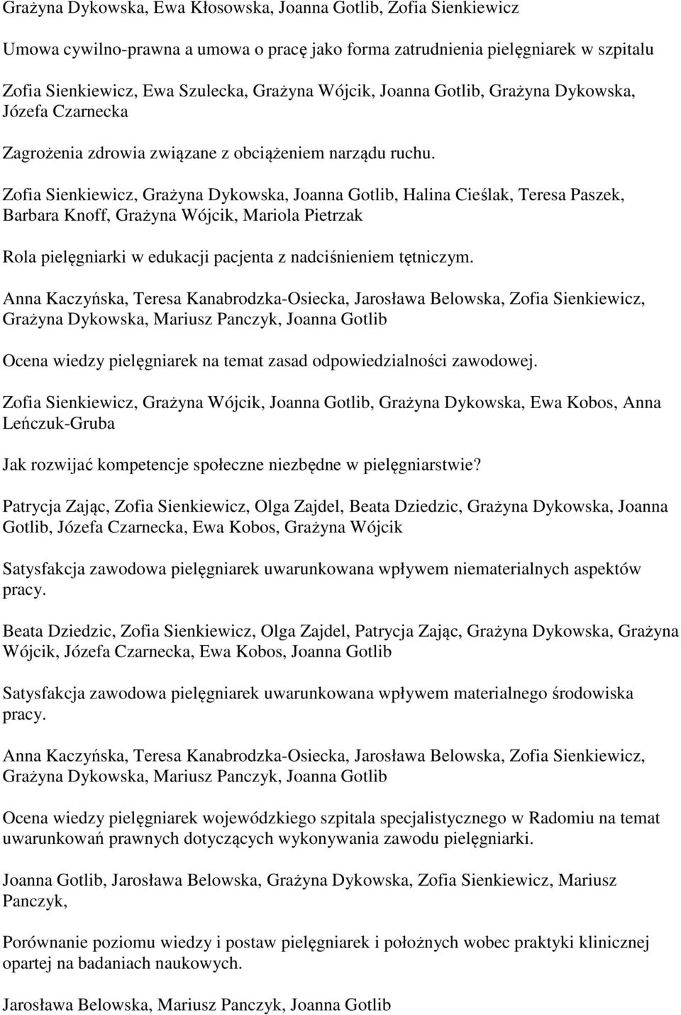 Zofia Sienkiewicz, Grażyna Dykowska,, Halina Cieślak, Teresa Paszek, Barbara Knoff, Grażyna Wójcik, Mariola Pietrzak Rola pielęgniarki w edukacji pacjenta z nadciśnieniem tętniczym.