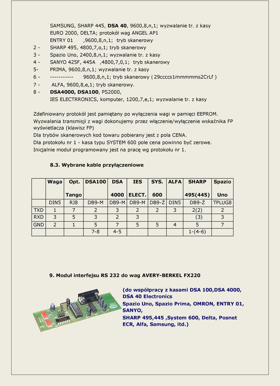 z kasy 4 - SANYO 425F, 445A,4800,7,0,1; tryb skanerowy 5- PRIMA, 9600,8,n,1; wyzwalanie tr.