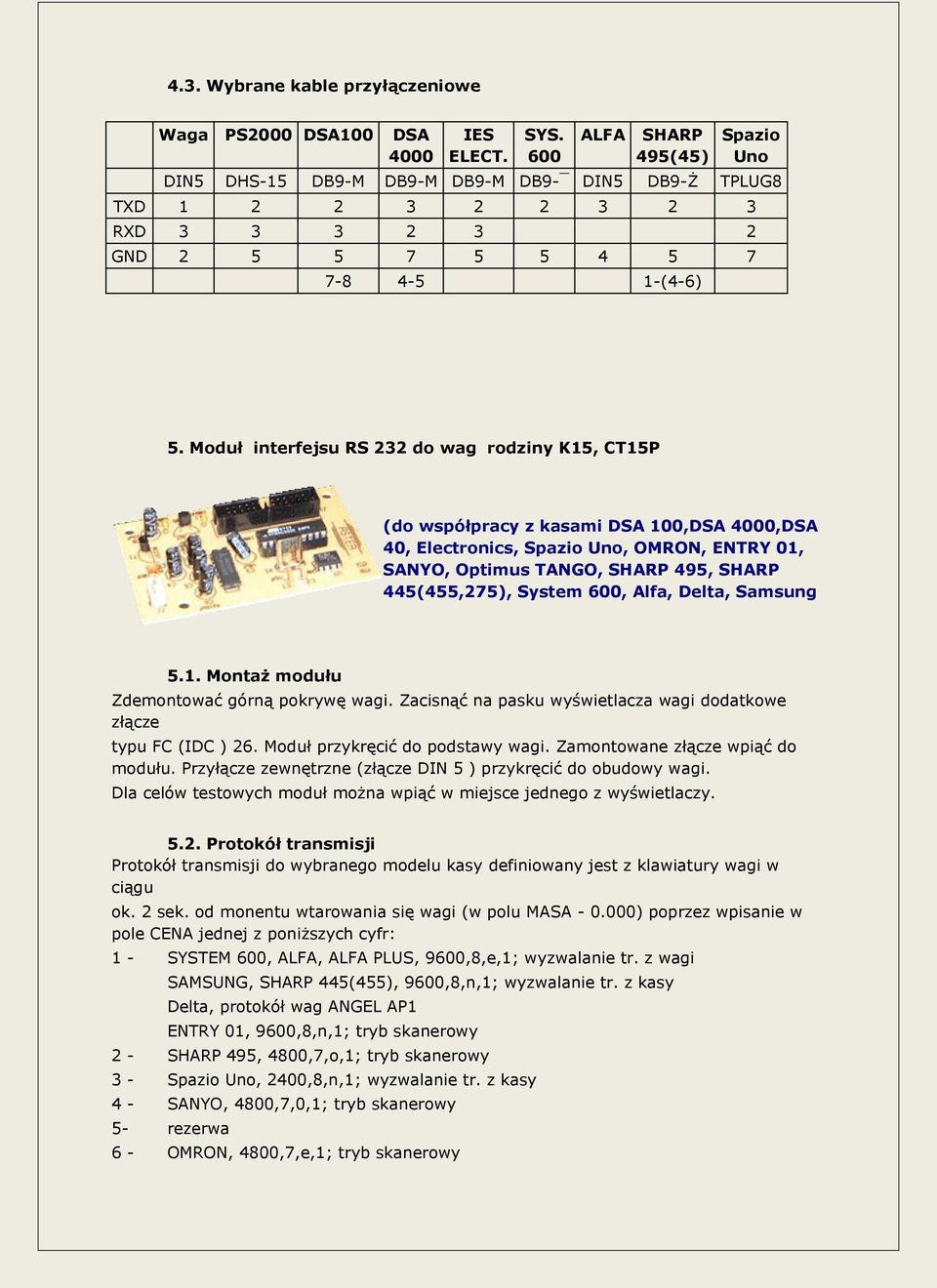 Moduł interfejsu RS 232 do wag rodziny K15, CT15P (do współpracy z kasami DSA 100,DSA 4000,DSA 40, Electronics, Spazio Uno, OMRON, ENTRY 01, SANYO, Optimus TANGO, SHARP 495, SHARP 445(455,275),