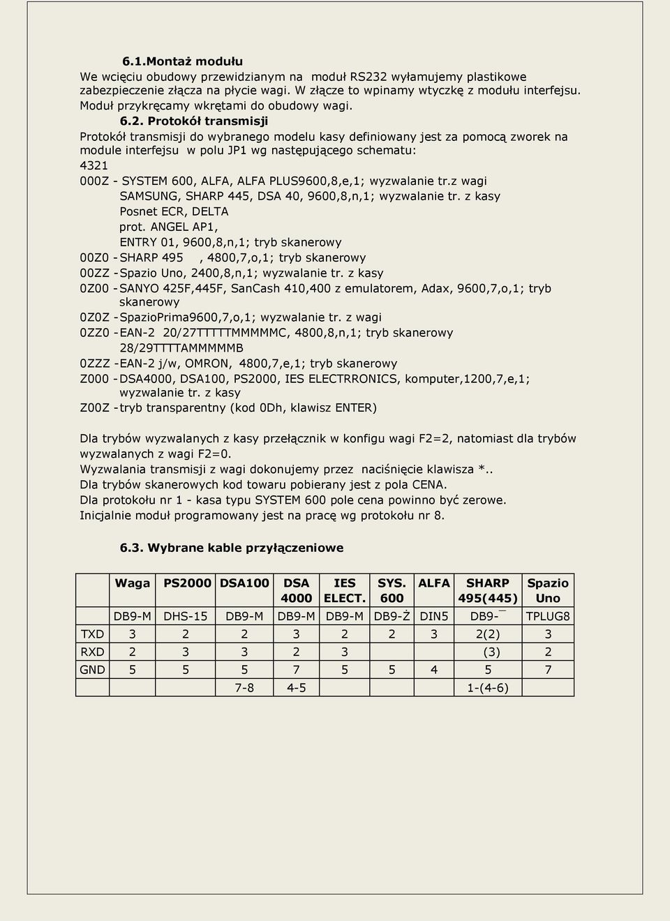 Protokół transmisji Protokół transmisji do wybranego modelu kasy definiowany jest za pomocą zworek na module interfejsu w polu JP1 wg następującego schematu: 4321 000Z - SYSTEM 600, ALFA, ALFA