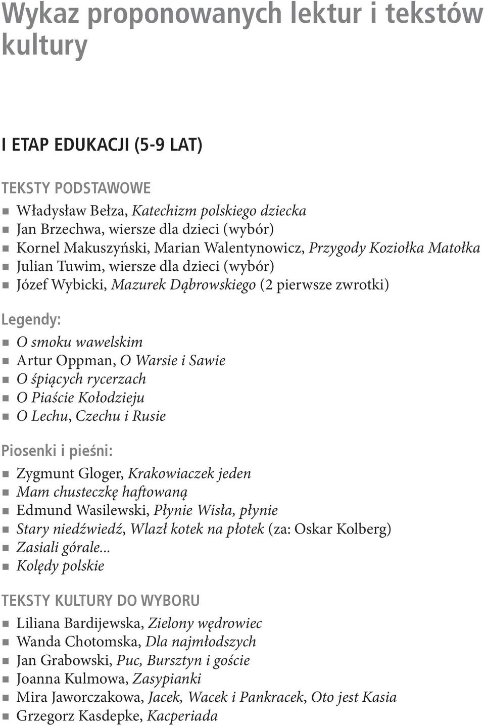 Sawie O śpiących rycerzach O Piaście Kołodzieju O Lechu, Czechu i Rusie Piosenki i pieśni: Zygmunt Gloger, Krakowiaczek jeden Mam chusteczkę haftowaną Edmund Wasilewski, Płynie Wisła, płynie Stary