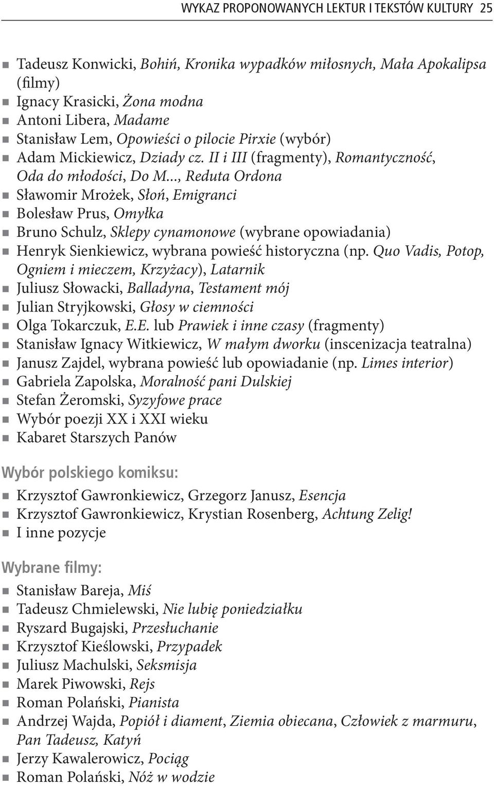 .., Reduta Ordona Sławomir Mrożek, Słoń, Emigranci Bolesław Prus, Omyłka Bruno Schulz, Sklepy cynamonowe (wybrane opowiadania) Henryk Sienkiewicz, wybrana powieść historyczna (np.